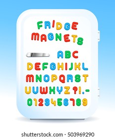 Colorful Magnetic Alphabet Letters On Refrigerator Door, Vector Illustration