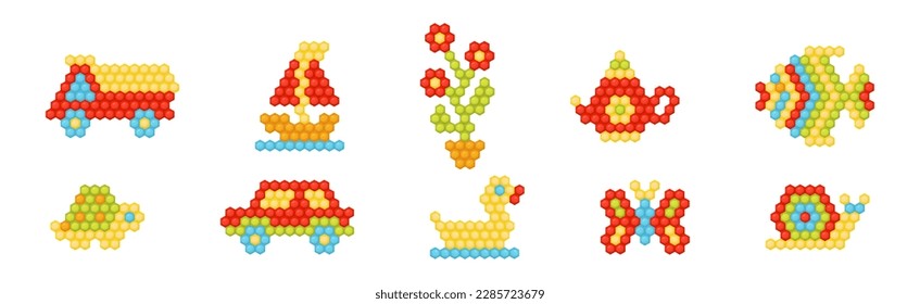 Colorful Magnetic Constructor with Figures Arranged of Hexagon Puzzle Vector Set