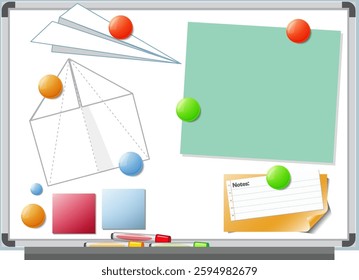 Colorful magnets and notes on a whiteboard
