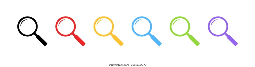 Colorful magnifying glasses in a row: black, red, yellow, blue, green, purple. Vector icon