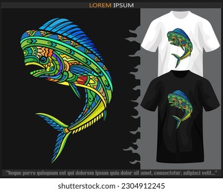 Colorful Mahi mahi fish mandala arts isolated on black and white t shirt.