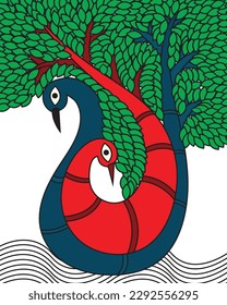 Kalighat Malkunst zeigt schöne Pfau. Madhubani-Kunst, Zeitgenössische Kunst, Indische Gemälde, Wandgemälde, moderne Kunstmalereien.