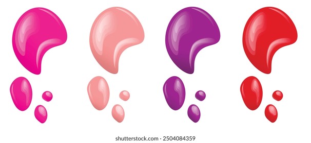 Colorido maquillaje o pintura Splash Set Colección Elementos de diseño aislados. Vector Beauty Care y Cosmetics Concept Ilustración vectorial Labiales con manchas de pintura brillo verter muestras.