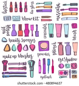 Colorful makeup cosmetic pattern with lettering. Handwritten vector brush letters and elements on white background.