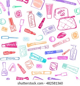 Colorful makeup cosmetic pattern with lettering. Handwritten vector brush letters and elements on white background.