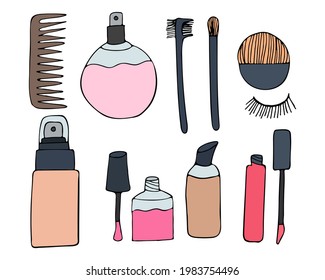 Colorful makeup illustration collection in vector. Colorful doodle makeup icons collections. Set of cosmetics icons in vector. Flat illustration of pomade, powder, mirror, pomade, makeup brush