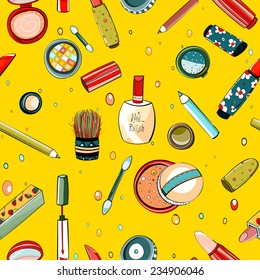 Colorful Makeup Seamless Pattern on Yellow. Beauty Seamless Background vector illustration. EPS10 no effects.