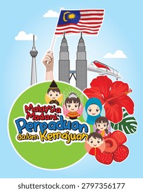 Colorful Malaysia unity poster featuring diverse ethnic children, national landmarks, hibiscus flower, Rafflesia and Malaysian flag. Cultural illustration celebrating harmony, diversity and national progress.