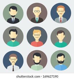 Colorful Male Faces Circle Icons Set in Trendy Flat Style