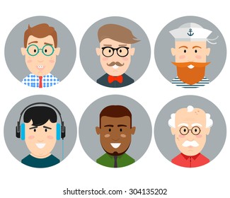 Colorful Male Faces Circle Icons Set in Trendy Flat Style