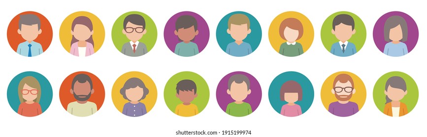 Colorful Male and Female Faces Icons for graphics design. Vector illustration.