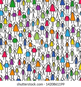 Colorful male and female stick figures repeating seamless pattern, men women and children isolated on white background