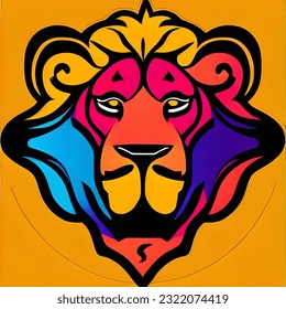 colorful male lion logo, orange background, symbol of authority, strength and leader