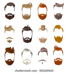 Colorful male silhouette faces with hispter beard and hair styles isolated on white background flat vector illustration