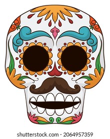 Colorful male skull, with moustache and decorated with traditional Mexican pattern of marigold flowers and leaves, for Day of the Dead celebration.