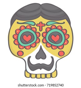 Colorful male sugar skull head with mustache in Mexican Halloween style, vector drawing isolated on white background