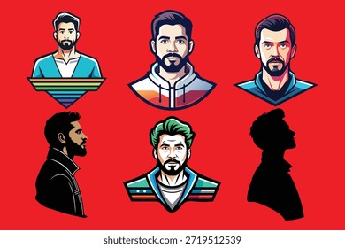 Paquete de Vector de personaje de hombre colorido, Avatar de Perfil de hombre barbudo Vector colorido, ilustración de Perfil masculino para marca