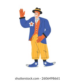 Colorful Man Clown Character with Bright Makeup and Nose Wave Hand Vector Illustration