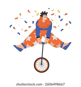 Colorful Man Clown Character with Bright Makeup and Nose Amusing with Wheel Vector Illustration