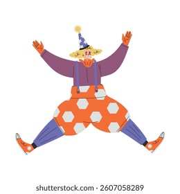 Colorful Man Clown Character with Bright Makeup and Nose Amusing Jumping Vector Illustration