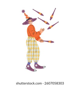 Colorful Man Clown Character with Bright Makeup and Nose Amusing Juggling with Pins Vector Illustration