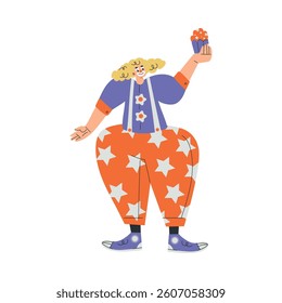 Colorful Man Clown Character with Bright Makeup and Nose Amusing Hold Cupcake Vector Illustration