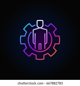 Colorful man in cog icon. Vector man in gear linear symbol on dark background