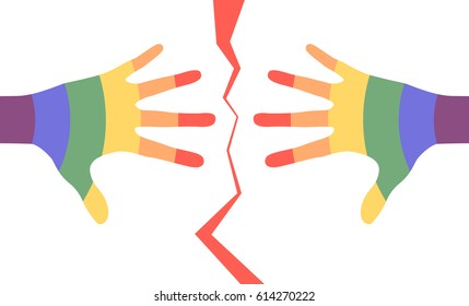 Colorful man hands separated by the red broken line