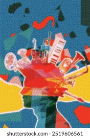 Colorful man silhouette with music instruments. Music instruments with human head poster. Music background design vector illustration	