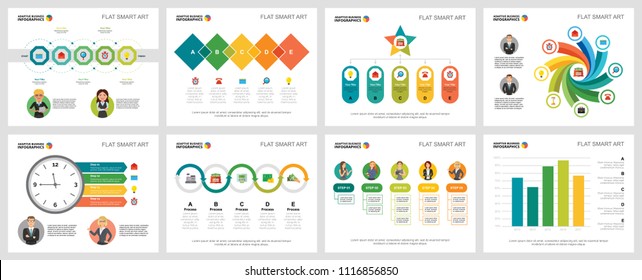 Colorful management or analysis concept infographic charts set. Business design elements for presentation slide templates. For corporate report, advertising, leaflet layout and poster design.