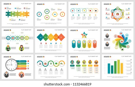 Colorful management or analysis concept infographic charts set. Business design elements for presentation slide templates. For corporate report, advertising, leaflet layout and poster design.