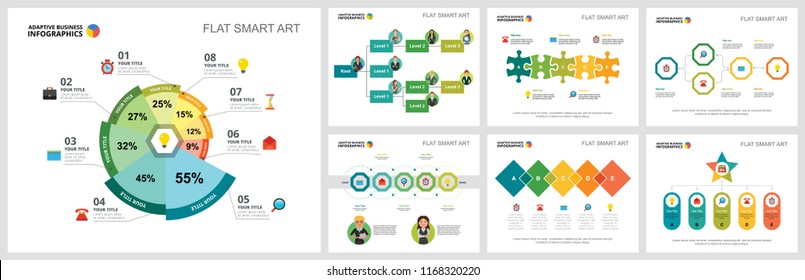 Colorful management or analysis concept infographic charts set. Business design elements for presentation slide templates. For corporate report, advertising, leaflet layout and poster design.