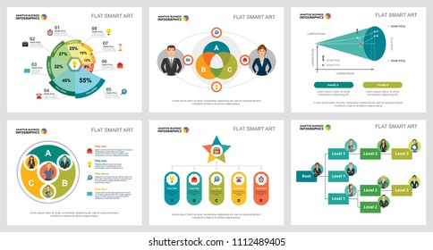Colorful management or analytics concept infographic charts set. Business design elements for presentation slide templates. For corporate report, advertising, leaflet layout and poster design.