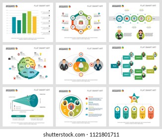 Colorful management or analytics concept infographic charts set. Business design elements for presentation slide templates. For corporate report, advertising, leaflet layout and poster design.