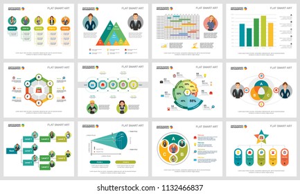 Colorful management or analytics concept infographic charts set. Business design elements for presentation slide templates. For corporate report, advertising, leaflet layout and poster design.