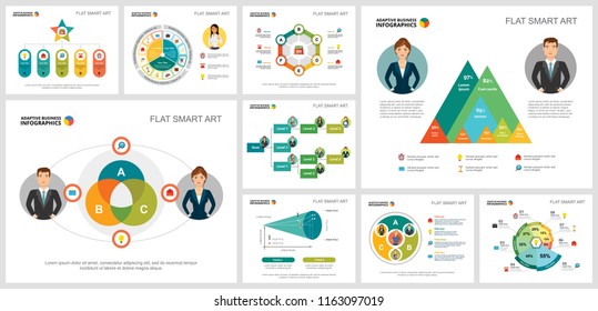 Colorful management or analytics concept infographic charts set. Business design elements for presentation slide templates. For corporate report, advertising, leaflet layout and poster design.