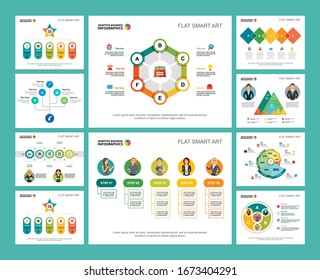 Colorful management or analytics concept infographic charts set. Business design elements for presentation slide templates. For corporate report, advertising, leaflet layout and poster design.