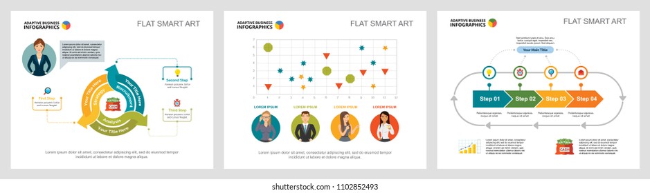 Colorful management or finance concept infographic charts set. Business design elements for presentation slide templates. For corporate report, advertising, leaflet layout and poster design.