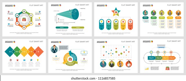 Colorful management or finance concept infographic charts set. Business design elements for presentation slide templates. For corporate report, advertising, leaflet layout and poster design.