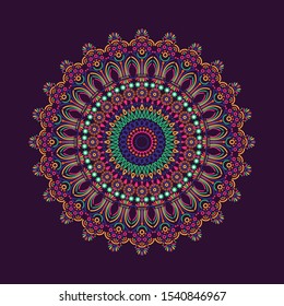 Colorful mandala, arabesque, rosette, emblem. Indian symbol. Isolated drwing. Meditation sign. Oriental lacy wallpaper, poster, background. Luxury print on pillow, linen, napkin, case, card, textile.
