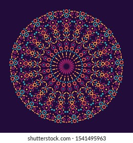 Colorful mandala, arabesque, rosette, emblem. Indian symbol. Isolated drwing. Meditation sign. Lacy wallpaper, poster, background. Luxury print on pillow, bandana, case, card, textile