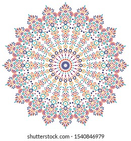 Colorful mandala, arabesque, rossete, emblem. Indian symbol, sign. Isolated drwing. Lacy, psychedelic. trance wallpaper, background. Luxury print on pillow, bandana, case, card. Vector abstract art.