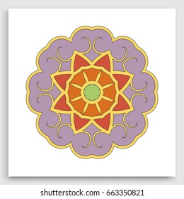 Colorful mandala art, geometric doodle round ornament. Islamic greeting card. Eid mubarak ramadan celebration template. Isolated design element for brochure, invitation card, logo, icon, emblem
