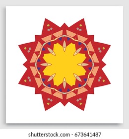Colorful mandala art, geometric doodle round ornament. Islamic greeting card. Eid mubarak ramadan celebration template. Isolated design element for brochure, invitation card, logo, icon, emblem