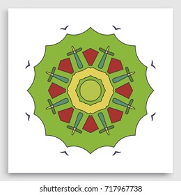 Colorful mandala art, geometric doodle round ornament. Islamic greeting card. Eid mubarak ramadan celebration template. Isolated design element for brochure, invitation card, logo, icon, emblem