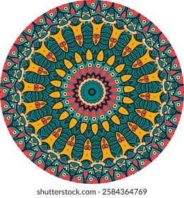Colorful Mandala Artwork with Repeating Geometric and Organic Shapes