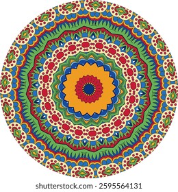 Colorful Mandala Artwork with Repeating Geometric and Organic Shapes