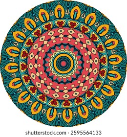 Colorful Mandala Artwork with Repeating Geometric and Organic Shapes