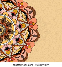 Colorful mandala background. Flower, leaf and other ornaments. Vector illustration. Meditation poster. 