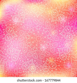 Colorful Mandala Background with Hearts. Vector Valentine's Day Decoration Greeting Card